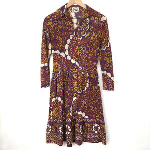 VTG JONI Knit Mid Shirt Dress Sz XS 2 Floral Full Button‎ Front Ruffle Long Slv